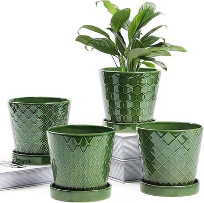 Famanu Plantenpotten voor binnen - 5 inch keramische bloempot met afvoergat en keramische lade - tuinieren thuis desktop kantoor vensterbank decoratie cadeau, set van 4 - planten NIET inbegrepen