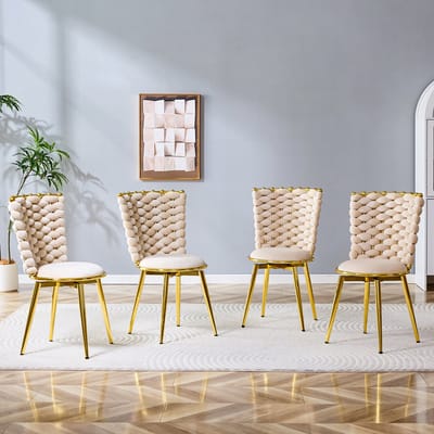 HAUSS SPOLE Eetkamerstoel - Luxe Velvet Design - Set Van 2 - Gevlochten Rugleuning Met Gevoerde Zitting En Gouden Metalen Poten - Voor Eetkamer En Woonkamer - Beige