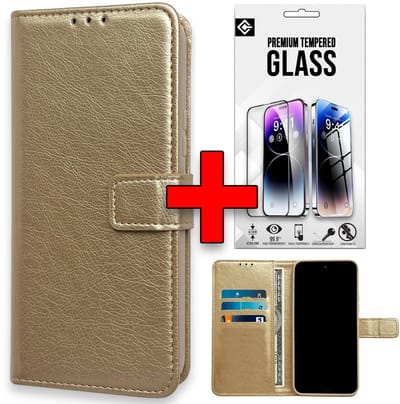 Casemania Hoesje & Glas Geschikt voor Apple iPhone 16e - Goud - Portemonnee Book Case - Glazen Screenprotector