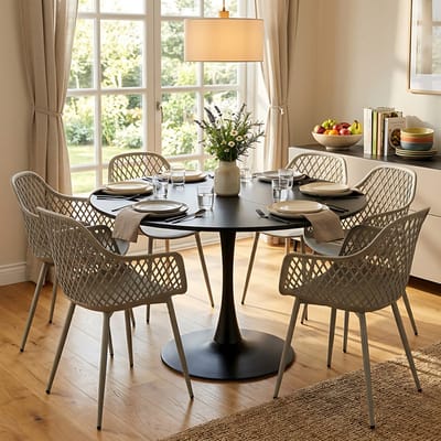 EGGREE eettafel en stoelen set - tafel met een diameter van 100 cm en 6 grijze stoelen - geschikt voor bar - kookeiland - café en eetkamer.