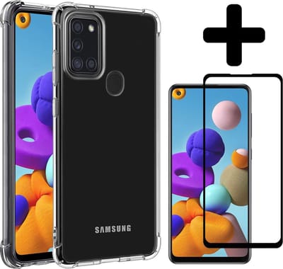 Hoesje - Met Screenprotector - Geschikt voor Samsung Galaxy A21s - Sterk & Shockproof - Siliconen Case - Back Cover - Telefoon Hoes - Shock Proof - Telefoonhoesjes - Transparant