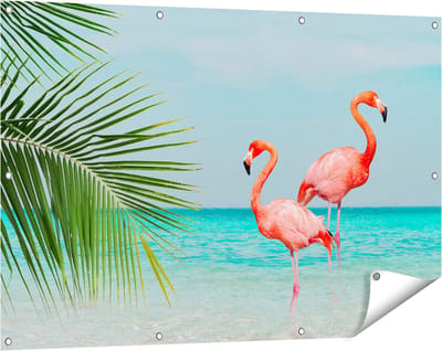 Gards Tuinposter Twee Flamingo's in het Water - 120x80 cm - Tuindoek - Tuindecoratie - Wanddecoratie buiten - Tuinschilderij