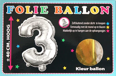 Folieballon - 3 - Cijfer Goud - 40cm - Folie - Ballon - Zelfsluitend - Eenvoudig Met Mond Opblazen - Ophangoogjes - Touche Cards