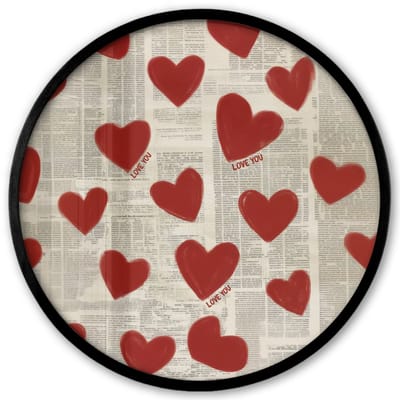 Poster in lijst Rond - Fotolijst 40x40 cm - Posters - Hartjes - Krant - Loveyou - Ronde posterlijst zwart - Decoratie - Wanddecoratie woonkamer - Muurdecoratie slaapkamer