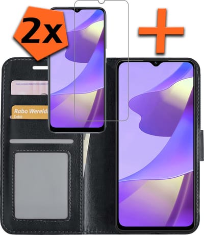 Hoes - Met 2x Screenprotector - Geschikt voor OPPO A16s - Luxe Pasjeshouder - Bookcase Portemonee - Flip Case - Kunstleer Book Case - Flipcase Hoes - Book Cover - Walletcase - PortemonneeHoes - Zwart