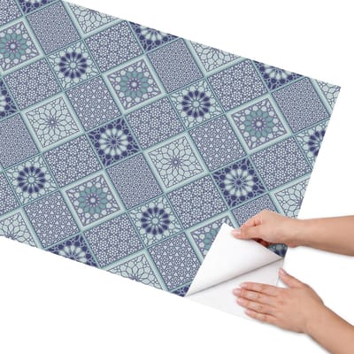 Coloray Meubel Wrap Folie - Blauw Meubelfolie - 65x130 cm - Decoratiefolie Zelfklevend Mozaïek met patroon - Meubelfolie Zelfklevend - Klassiek Meubelfolie - Wrapfolie Keuken - Wanddecoratie - Achtergronden en patronen