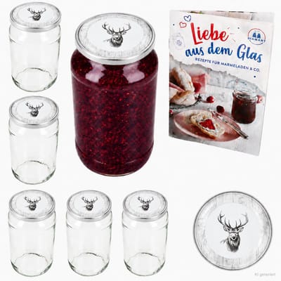 6-delige set ronde glazen 1062 ml To 82 Alois Hirsch deksel incl. Diamant Gelierzauber receptenboekje