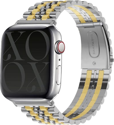 xoxo Wildhearts stalen bandje - Geschikt voor Apple Watch - Series 1/2/3/4/5/6/7/8/9/10/SE/Ultra (2) - Maat: 44 mm / 45 mm / 46 mm / 49 mm - Hoogwaardig RVS Staal - Horlogeband - incl. horloge inkorter - Zilver/Goud