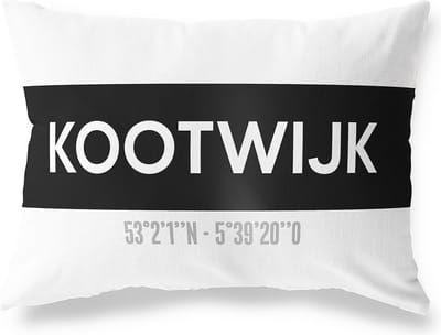 Tuinkussen KOOTWIJK - GELDERLAND met coördinaten - Buitenkussen - Bootkussen - Weerbestendig - Jouw Plaats - Studio216 - Modern - Zwart-Wit - 50x30cm