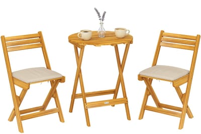 Outsunny Outdoor Bistro Set-Acaciahout, Polyester-Ø60 x 75H cm-Natuurlijk hout