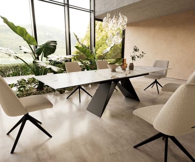 Eetkamertafel Edge keramiek Calacatta Luxe wit-goud-grijs 200-300x100 V-frame vlak staal zwart uitschuifbaar