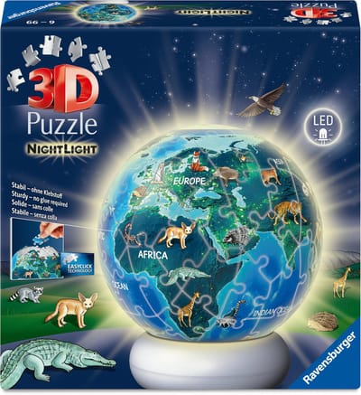 Ravensburger – Aarde met Diermotieven – 3D Puzzle-Ball Nachtlicht – 73 Stukjes