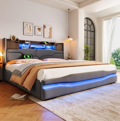 MIVRAY Gestoffeerd Bed 180x200 cm - Tweepersoonsbed Met USB C, Led En Opbergvak - Hydraulische Opbergruimte Zonder Matras - Stof Grijs
