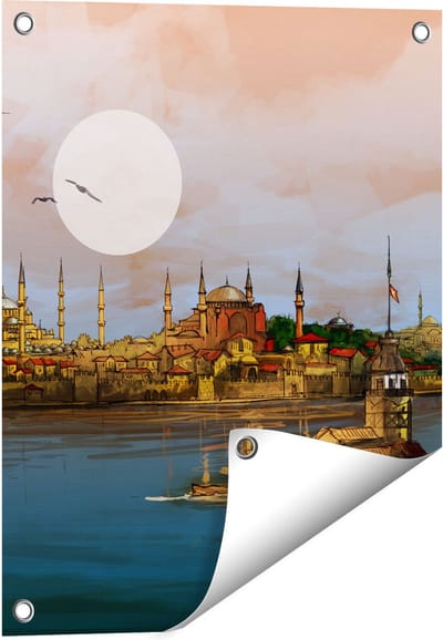 Gards Tuinposter Illustratie van de Maiden's Tower in Istanbul - 40x50 cm - Tuindoek - Tuindecoratie - Wanddecoratie buiten - Tuinschilderij