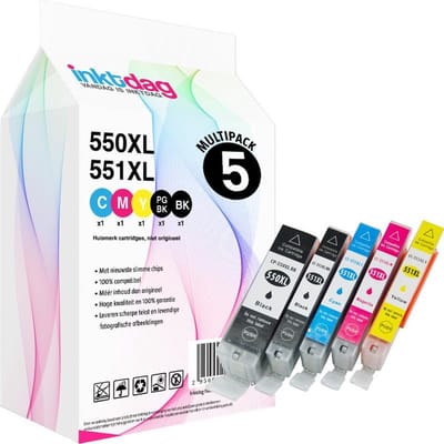 Inktdag inktcartridges voor Canon PGI-550XL / CLI-551XL, Canon 550xl / 551xl inktcartridges multipack van 5 stuks voor Pixma IP7250, IP8750, IX6850, MG5450, MG5550, MG5600, MG5650, MG5655, MG6350, MG6450, MG6600, MG6650, MG7150, MG7550, MX720, MX925