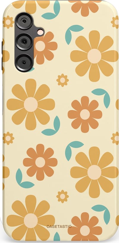 Casetastic hoesje geschikt voor Samsung Galaxy A14 (2023) 5G / Samsung Galaxy A14 (2023) 4G - Dubbellaagse bescherming - Flower power Retro Bloemen - Geel - Oranje - Blauw - Fashion Case - Crème Goud Perzik