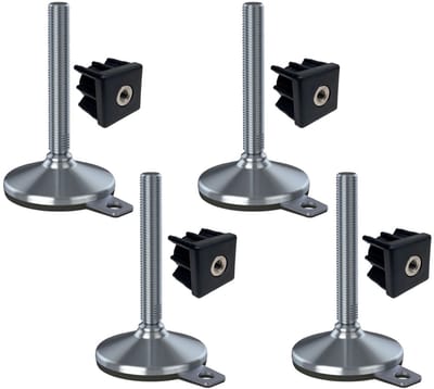 Roestvrijstalen voet M20x150, voetplaat 105 mm, onderlegplaatje en bevestigingsgat + inzetstuk 40x40x2 mm – Set van 4