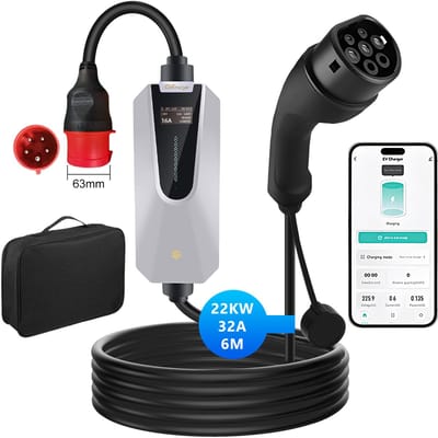 Junsun EV Mobiele Thuislader 22kW met APP - Laadkabel Type 2 - Schuko - WiFi - 3 Jaar garantie - 32A 3-fase 6M Laadkabel - 400V EV-oplader met LCD Digitaal Display - IP65 Regenbestendig - Geschikt voor Elektrische Auto's – Incl. luxe tas