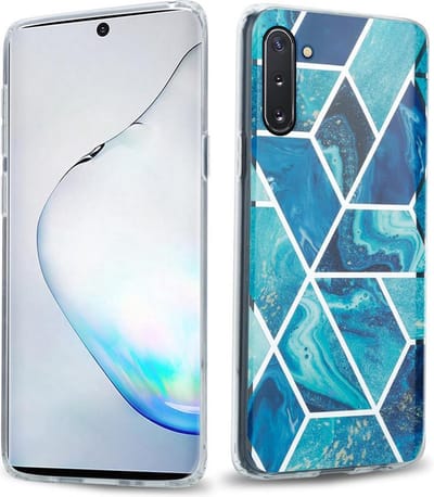 Cadorabo Hoesje geschikt voor Samsung Galaxy NOTE 10 in Blauwe Golf Marmer No. 13 - Beschermhoes gemaakt van TPU siliconen Case Cover met mozaïek motief