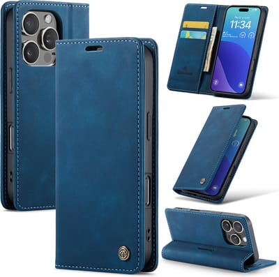 Casemania Hoesje Geschikt voor Apple iPhone 16 Pro - Navy Blue - Dunne Portemonnee Book Case - Slim Wallet Case met Pasjeshouder
