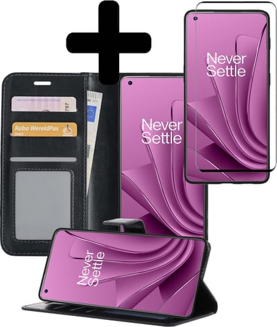 Hoesje - Met Screenprotector - Geschikt voor OnePlus 10 Pro - Luxe Pasjeshouder - Bookcase Portemonee - Flip Case - Kunstleer Book Case - Flipcase - Book Cover - Walletcase - Portemonneehoes - Telefoonhoesjes - Zwart