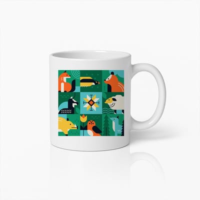 Wildpatroon Koffiemok – Kleurrijk Dierenillustratie Ontwerp – Perfect Cadeau voor Natuurliefhebbers en Buitenliefhebbers – 330ml Keramische Mok
