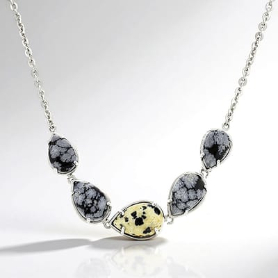 Cavill - 925 Sterling Zilver Halsketting met Dalmatiër Jaspis 5,64 ct en Sneeuwvlokobsidiaan 21,7 ct - Druppelvormige Cabochon - Handgemaakt