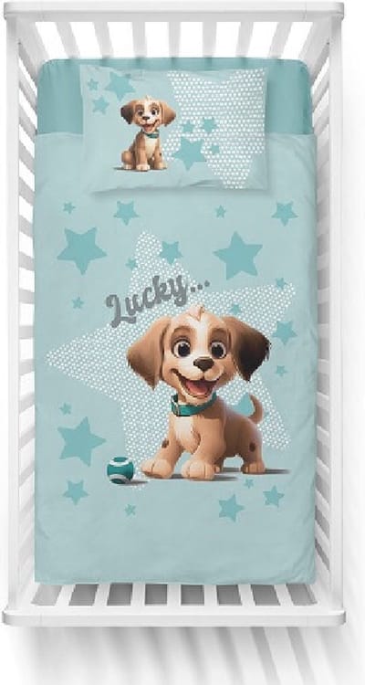 Mayamoo Baby dekbedovertrek Hondje Lucky 100x135 cm - Blauw - Met Kussensloop - 40x60 cm - Voor Ledikant bedden