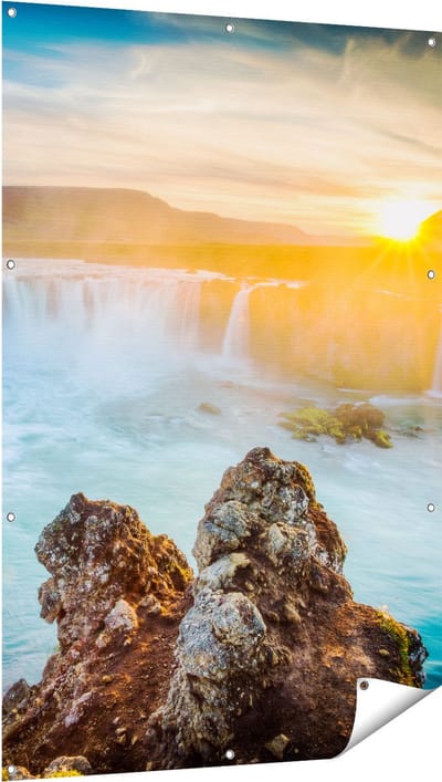 Gards Tuinposter Watervallen bij Zonsondergang - 100x150 cm - Tuindoek - Tuindecoratie - Wanddecoratie buiten - Tuinschilderij