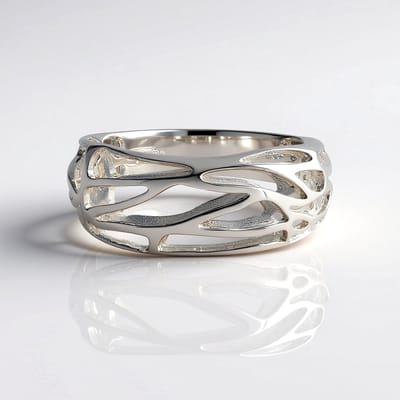 Cavill - Dames Zilveren Ring - 925 Sterling Zilver met Rhodium - Brede Moderne Ring - Filigraan Ontwerp met Golvende Lijnen - Elegant Sieraad