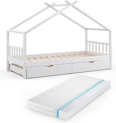 Vitalispa Design Huisbed – 90x200 cm met logeerbed en matras Wit