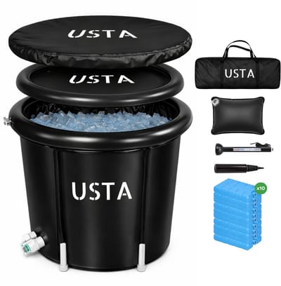 Usta IJsbad - Opblaasbaar Ice Bath - Zitbad - Inclusief Isolerende Afdekhoes, 10x Koelelementen, Thermometer & Draagtas - Badkuip - Wim Hof Methode - Draagbaar Dompelbad - 5-Laags PVC met Isolatie - 350L - 80x75cm