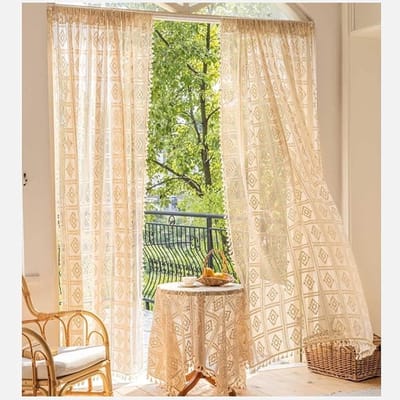 Dailygoods- Gordijnen Vintage Landhuisstijl - Verduisterend - Katoen/Polyester - Beige met Kwastjes - Pakket van 2 - Afmetingen B 140 x H 250 cm - Raamdecoratie
