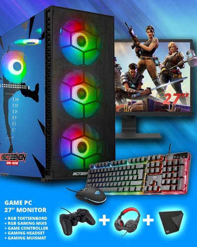 ScreenON - Complete Fortnite Gaming PC Set - X10899 - V2 ( Game PC X10899 + 27 Inch Monitor + Toetsenbord + Muis + Controller )