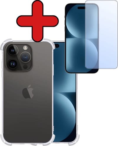 Hoesje - Met Screenprotector - Geschikt voor Apple iPhone 15 Pro - Sterk & Shockproof - Back Cover - Siliconen Case - Telefoon Hoes - Shock Proof - Telefoonhoes - Transparant