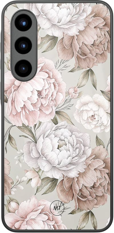 Hoesje geschikt voor Samsung Galaxy A56 - Klassieke bloemen - Hard Case Zwart Back Cover - Bloemen - Beige - Mooie Telefoonhoesjes