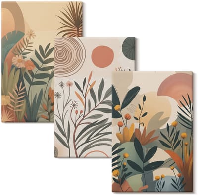 Wallfluent Set van canvas schilderijen - Plantenmotieven in gedempte kleuren met cirkels Canvas Schilderijen Set - set 3 stuks 20x30 cm - Bruin Set van Canvas Prints - Natuur Canvas Kunst Set - Boheemse Canvas Kunst Set