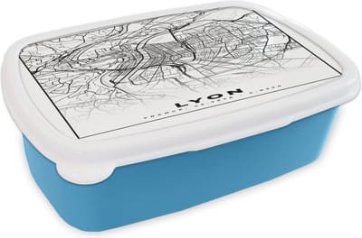 Broodtrommel Blauw - Lunchbox - Brooddoos - Lyon - Stadskaart - Plattegrond - Kaart - Frankrijk - Zwart wit - 18x12x6 cm - Kinderen - Jongen