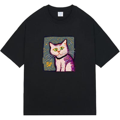 T-shirt à manches courtes et col rond pour homme, nouveau modèle de dessin animé imprimé peinture à l'huile, rétro, printemps et été XXL noir