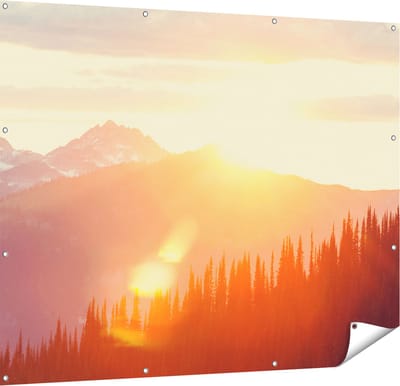 Gards Tuinposter Zonsondergang in het Bos - 150x120 cm - Tuindoek - Tuindecoratie - Wanddecoratie buiten - Tuinschilderij