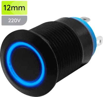 ProRide Metalen Pulsschakelaar 220V OFF-(ON) - 12mm - Momentschakelaar - Spatwaterdicht - LED Indicatie Blauw