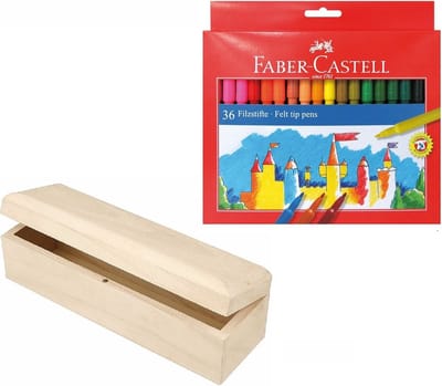 Houten tekenen stiften opbergdoosje 20 x 6 cm met 36x Faber Castel viltstiften - Tekendoos cadeauset