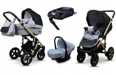 BabyLux® Kinderwagen 4in1 – SKY LARK - Silver Flex Black GOLD FRAME - Opklapbare Wandelwagen incl. Reiswieg, Multifunctionele Buggy Sportstoel, Autostoel, ISOFIX basisstation - Combi-kinderwagen met Luiertas, Regenhoes, Klamboe