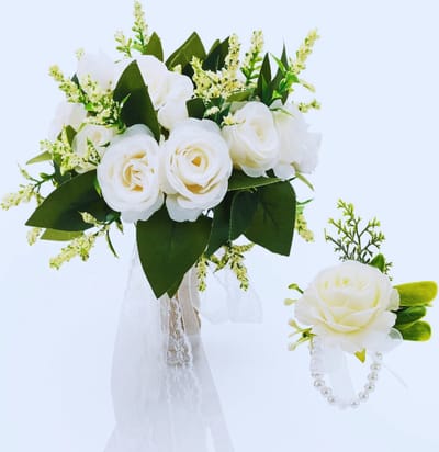 Romantisch Bruidsboeket En Pols Bloem - Kunstmatige Rozen Voor Bruiloft - Faux Zijde Bloemen Voor Bruid En Bruidsmeisje - Stijlvolle Bruiloftdecoratie