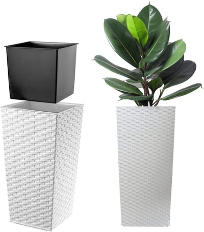 KADAX Bloempot, bloembak van kunststof, plantenbak voor bloemen, binnen en buiten, tuin, balkon, terras, huis, weerbestendig, imitatie rotan (57 cm hoog, wit rotan)