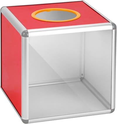 Transparante Loterijdoos van 25 cm met Openingsopening van 10 cm, Ideaal voor Verlotingen, Evenementen en Donaties met Aluminium Frame en Acrylaatpanelen