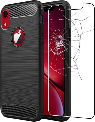 ebestStar - Hoes geschikt voor iPhone XR Apple, TPU Bescherming Cover, Koolstof Design Hoesje, Zwart + Gehard Glas