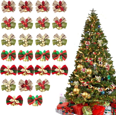 Kerstversiering - Kerstmis - Kerstboomversieringen - Kerstboomstrikken met belletjes - kleine kerststrikken voor kransen en cadeaupapier - knutsel- en decoratieartikelen voor de feestdagen - 25 stuks