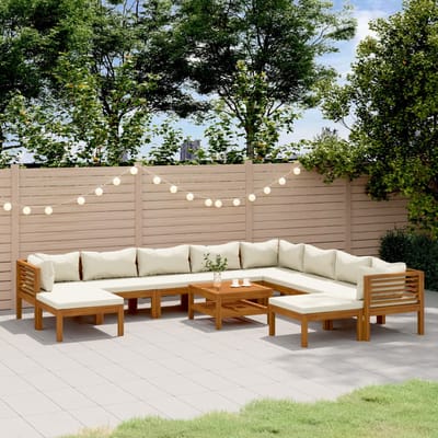 vidaXL - 11-delige - Loungeset - met - crèmekleurige - kussens - massief - acaciahout