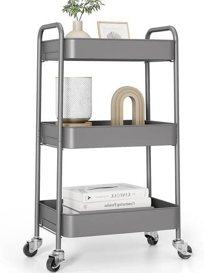 Keuken Trolley met Wielen en Handvatten, 3 Laags Metalen Serveertrolley voor Keuken, Badkamer en Salon, Multifunctionele Opbergtrolley zonder Schroeven
